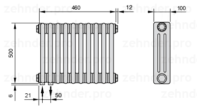 Схема (чертеж) Радиатор Zehnder Charleston 3050/10 №3370 Белый глянцевый RAL 9016